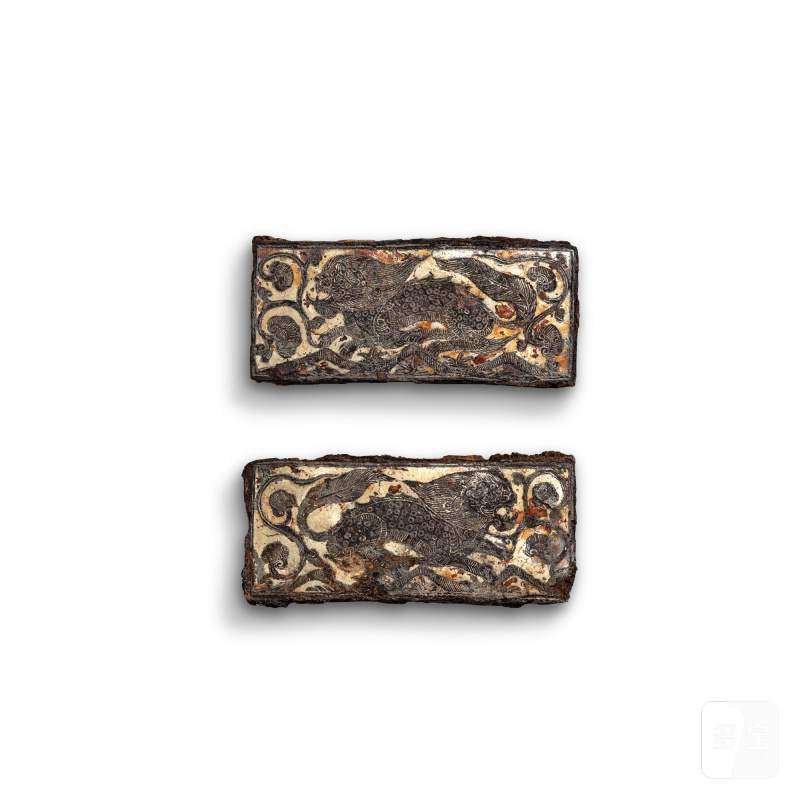 A pair of silver-inlaid iron belt buckles, Tang - Liao dynasty | 唐至遼 鐵鎏金麒麟紋帶扣一對